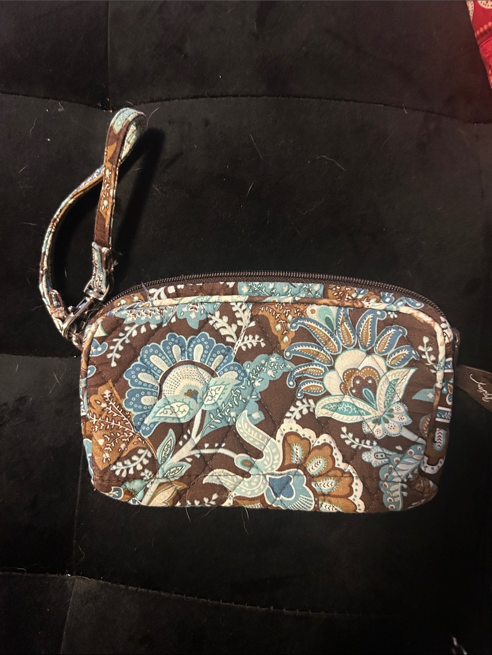 Vera Bradley Brown and Blue Quilted Floral Wristlet Crossbody